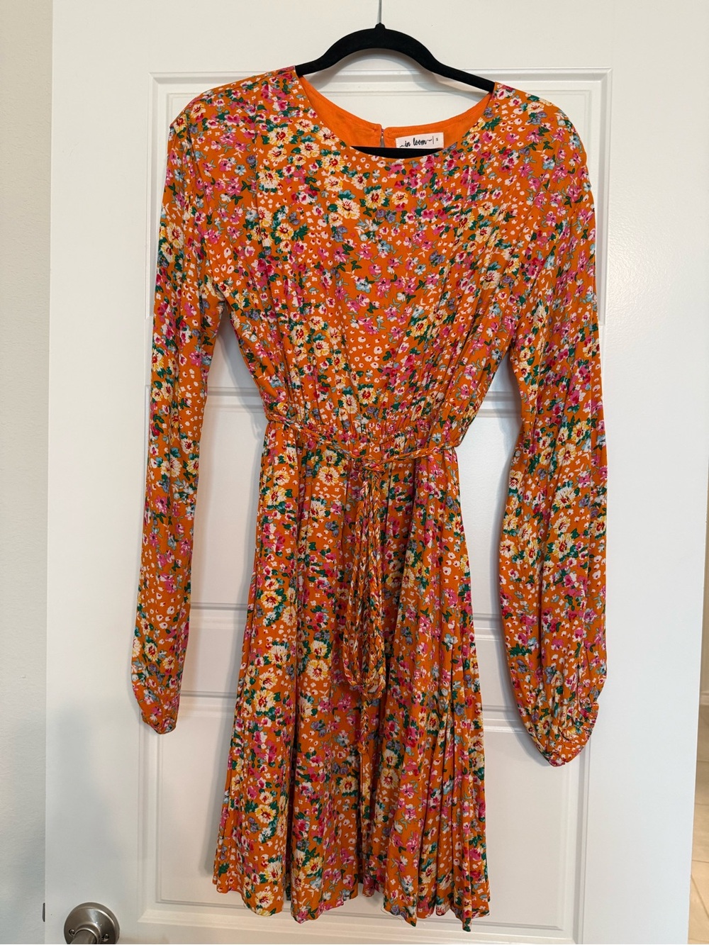 Orange Floral Tie-Waist Long Sleeve Dress